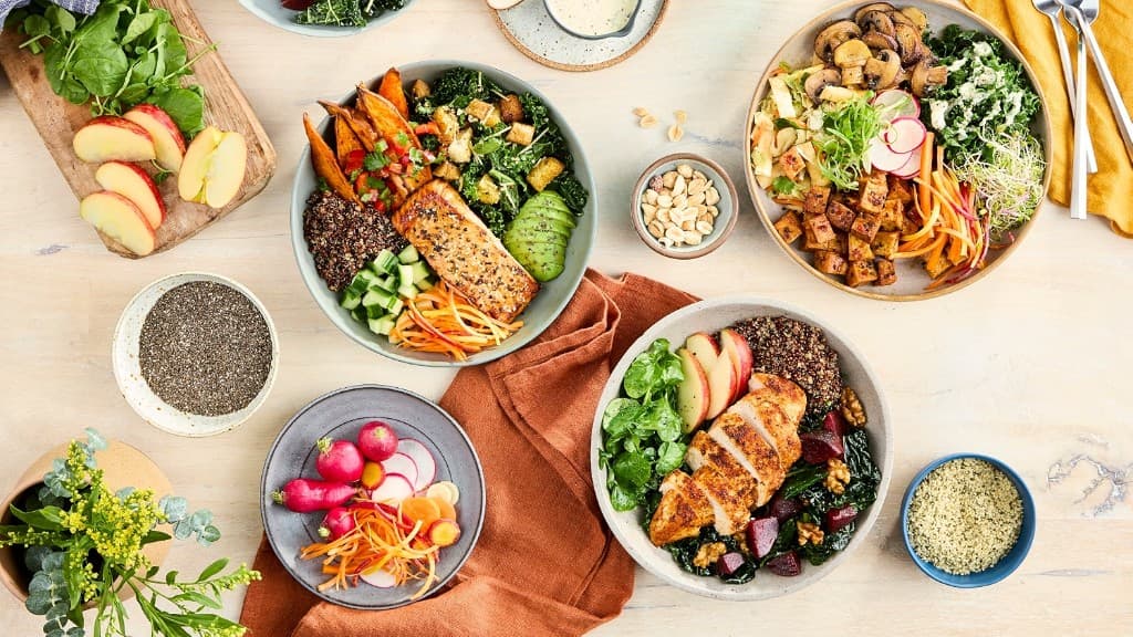 Colorful balanced meal bowls with salmon, chicken, and plant-based options